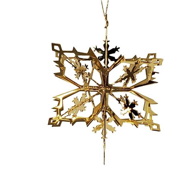 Brass 3D Snowflake Christmas Ornament 3" Goldtone Metal - Picture 3 of 3